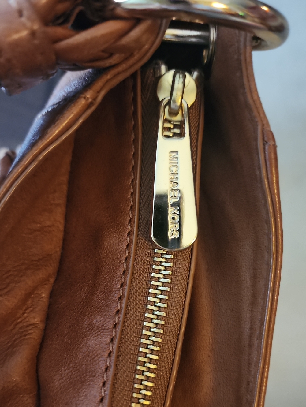 VINTAGE Michael Kors Cognac Leather Fringe Shoulder Bag with MK Charm - Picture 7 of 8